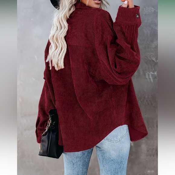 NWOT ZOLUCKY Corduroy Long Sleeve Button Down Shacket in Wine, Size Medium - Picture 4 of 9